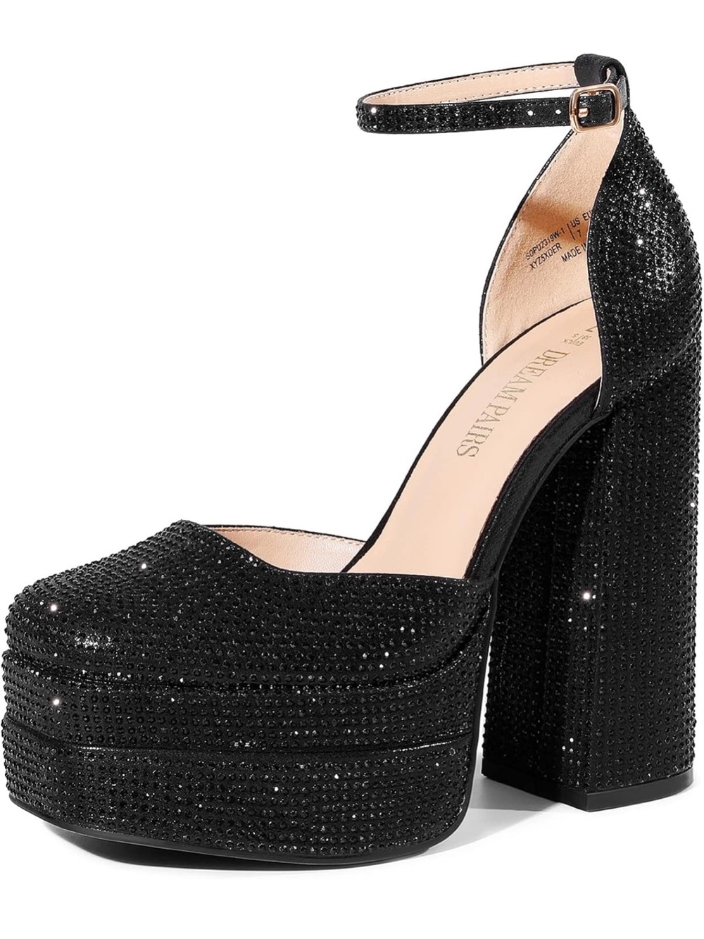 Black Crystal Platform Ankle-Strap Heel